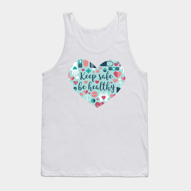 Keep safe be healthy // heart print // aqua background navy blue mint red white and coral medicine elements Tank Top by SelmaCardoso